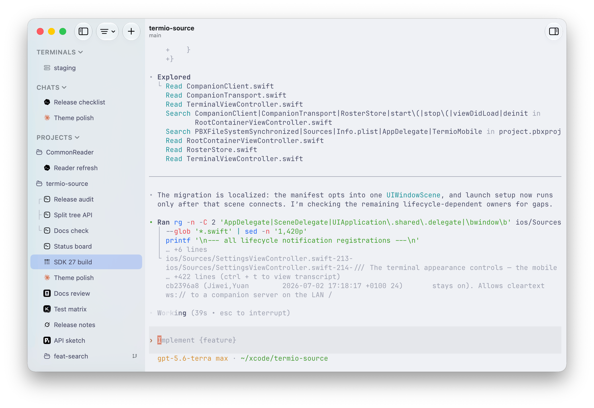 A focused Codex session working in Fyolo while its sidebar row reports Working