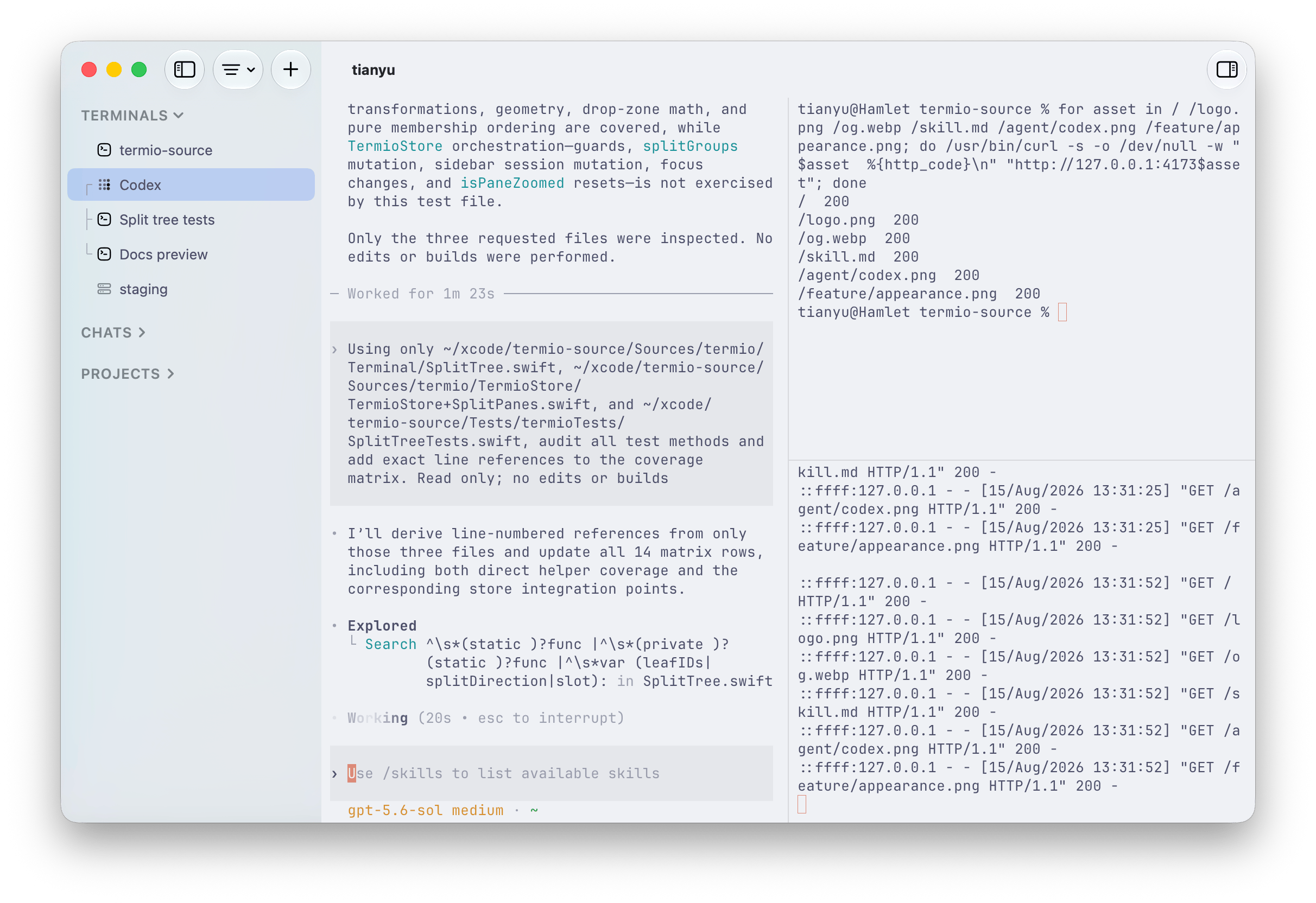 A Fyolo project with three grouped panes showing an agent, split-tree tests, and a documentation preview
