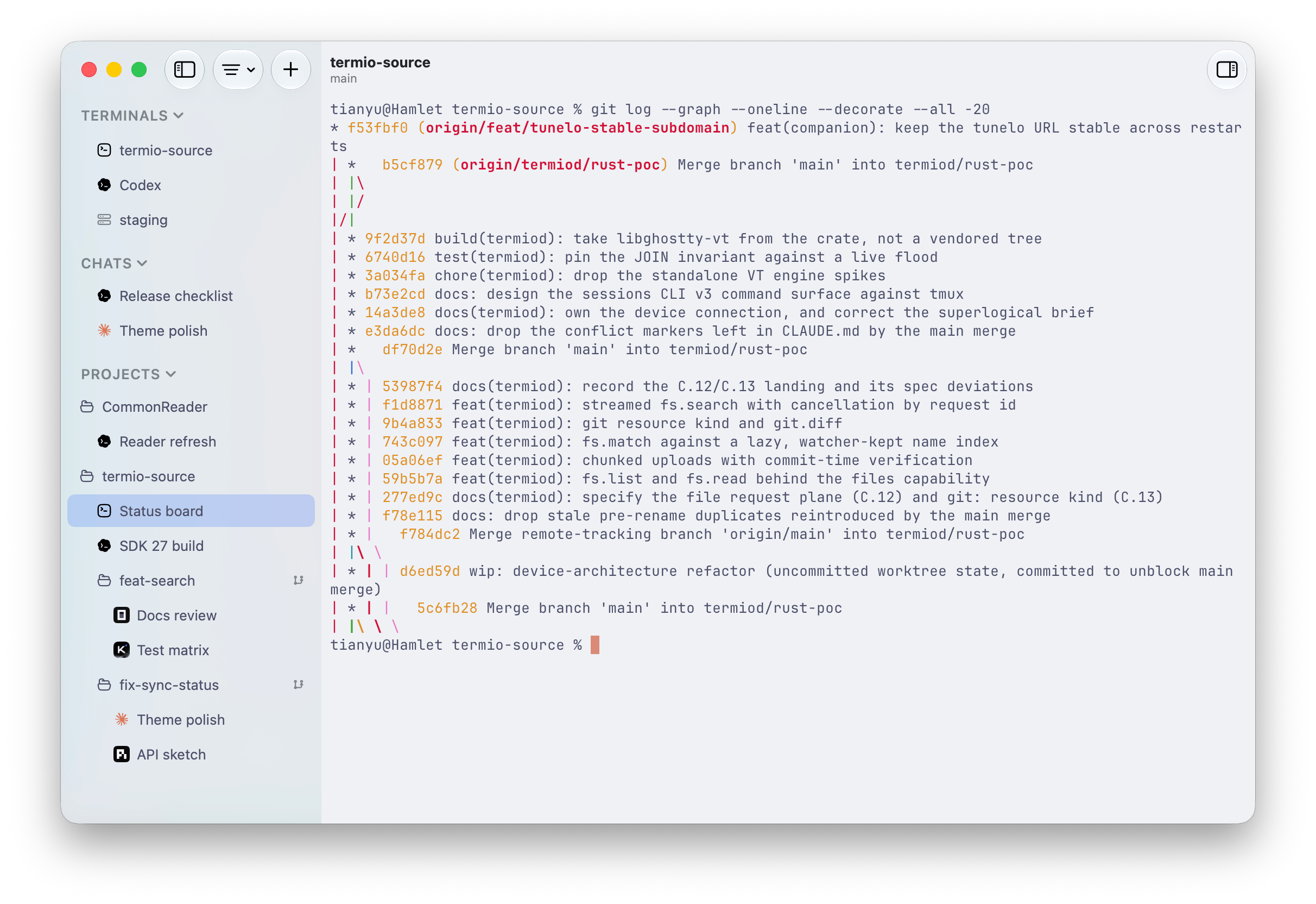 The Fyolo sidebar showing Terminals, Chats, projects, worktrees, and their nested sessions