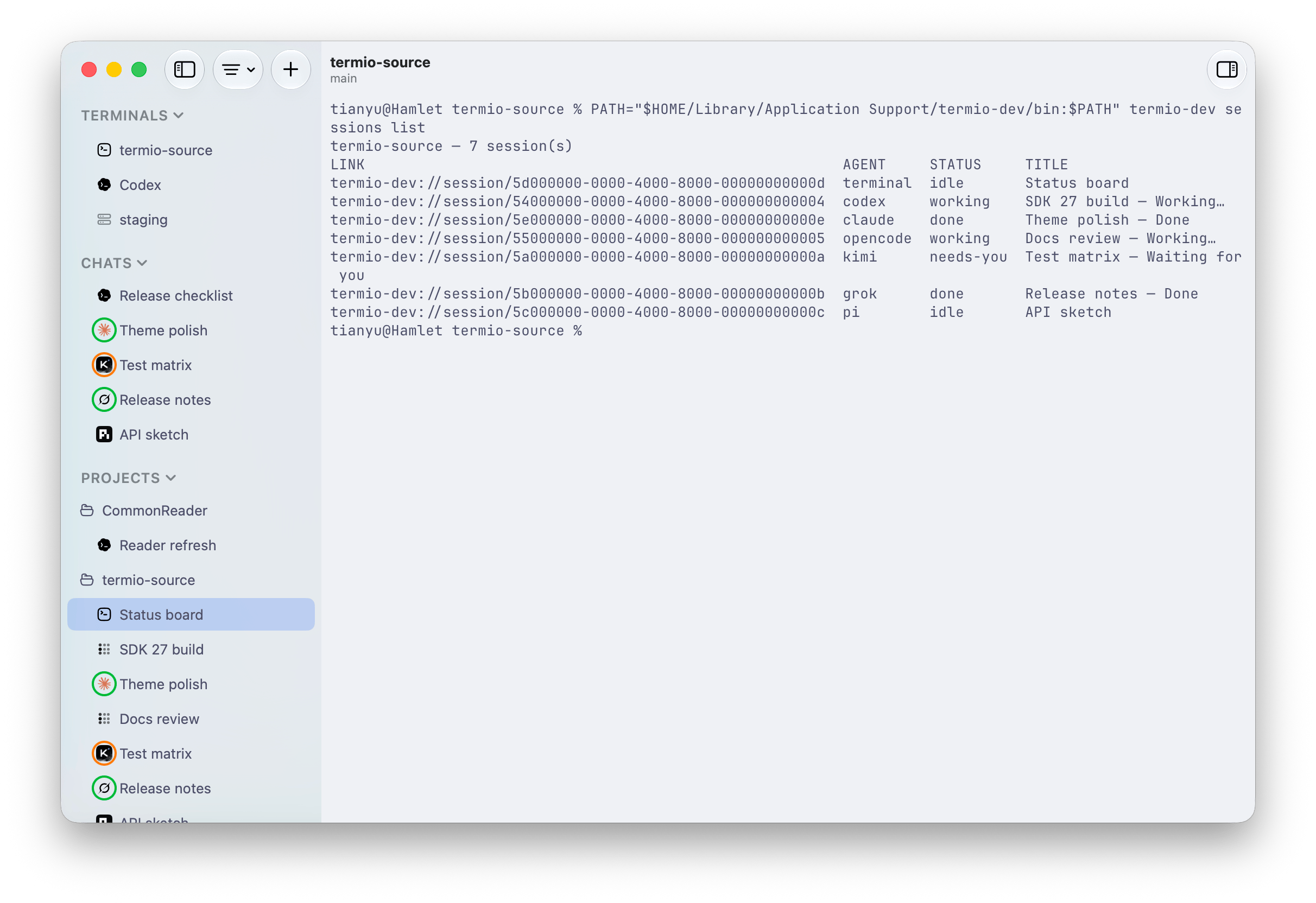 The Fyolo sidebar and fyolo sessions list output showing idle, working, done, and needs-you sessions