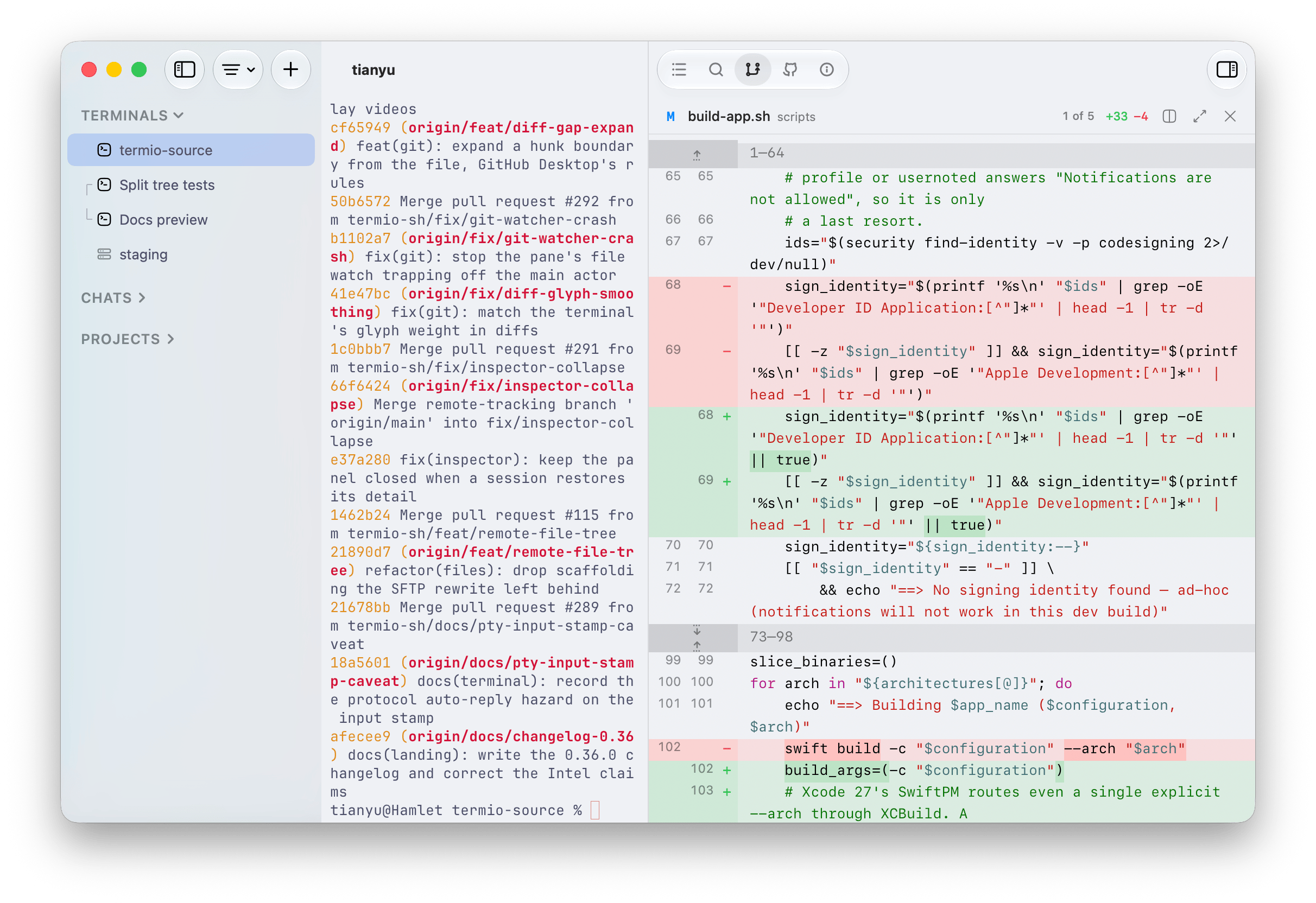 The Fyolo Changes tab with build-app.sh selected and its red and green unified diff beside the terminal