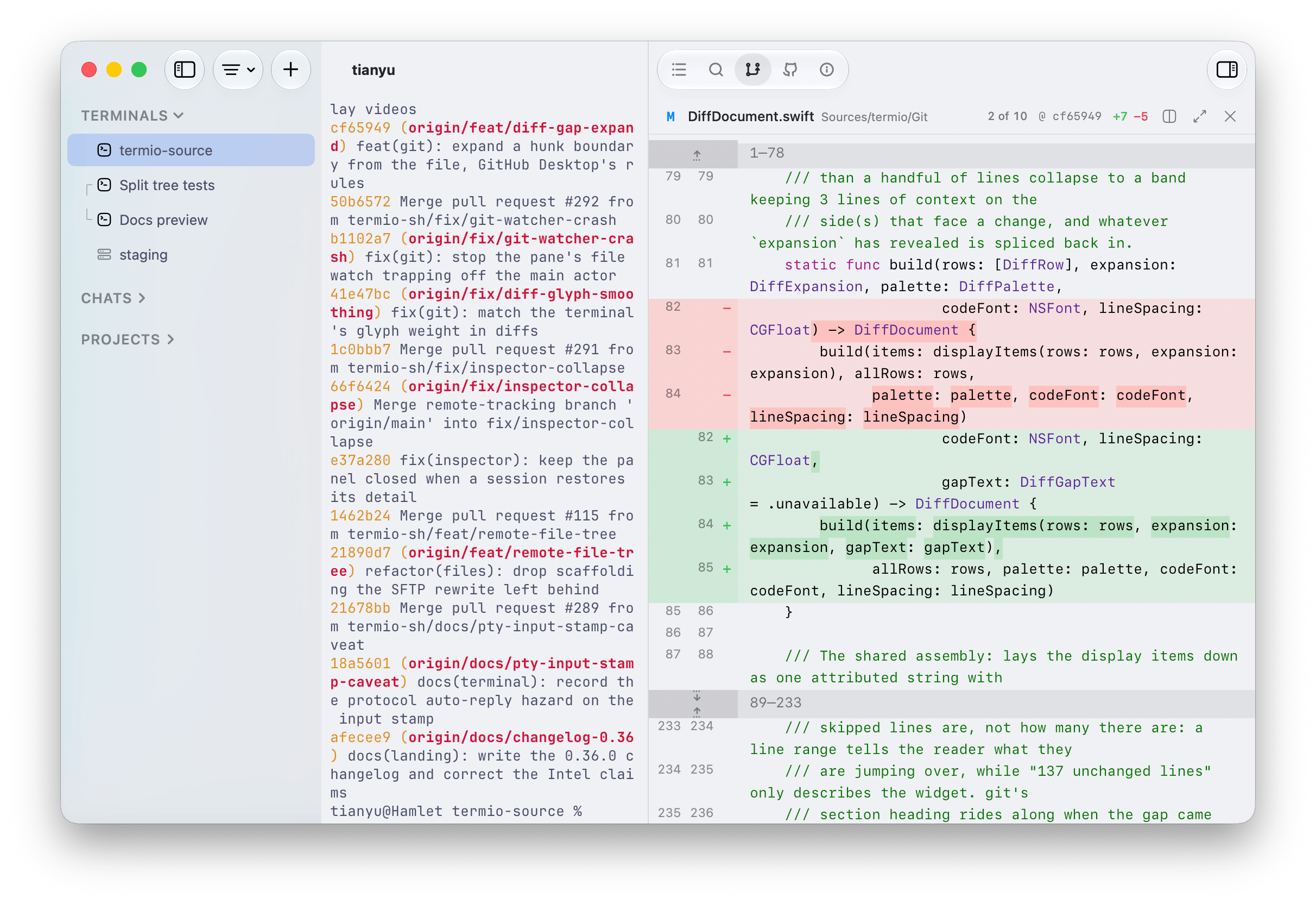 The Fyolo History tab with a commit, one of its files, and that file's per-commit diff visible together