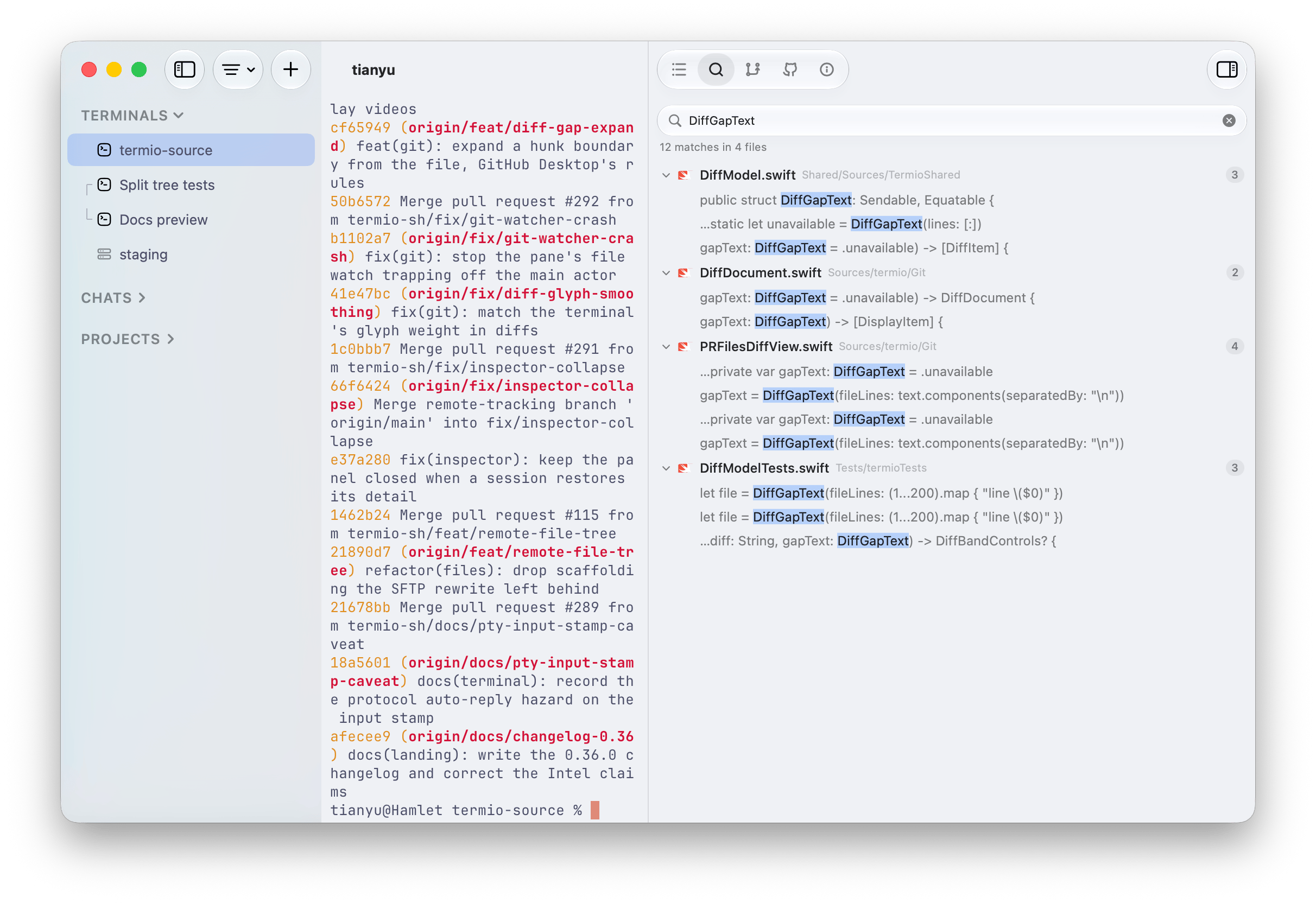 The Fyolo Search inspector showing a DiffGapText query, grouped matches across files, and highlighted matching text