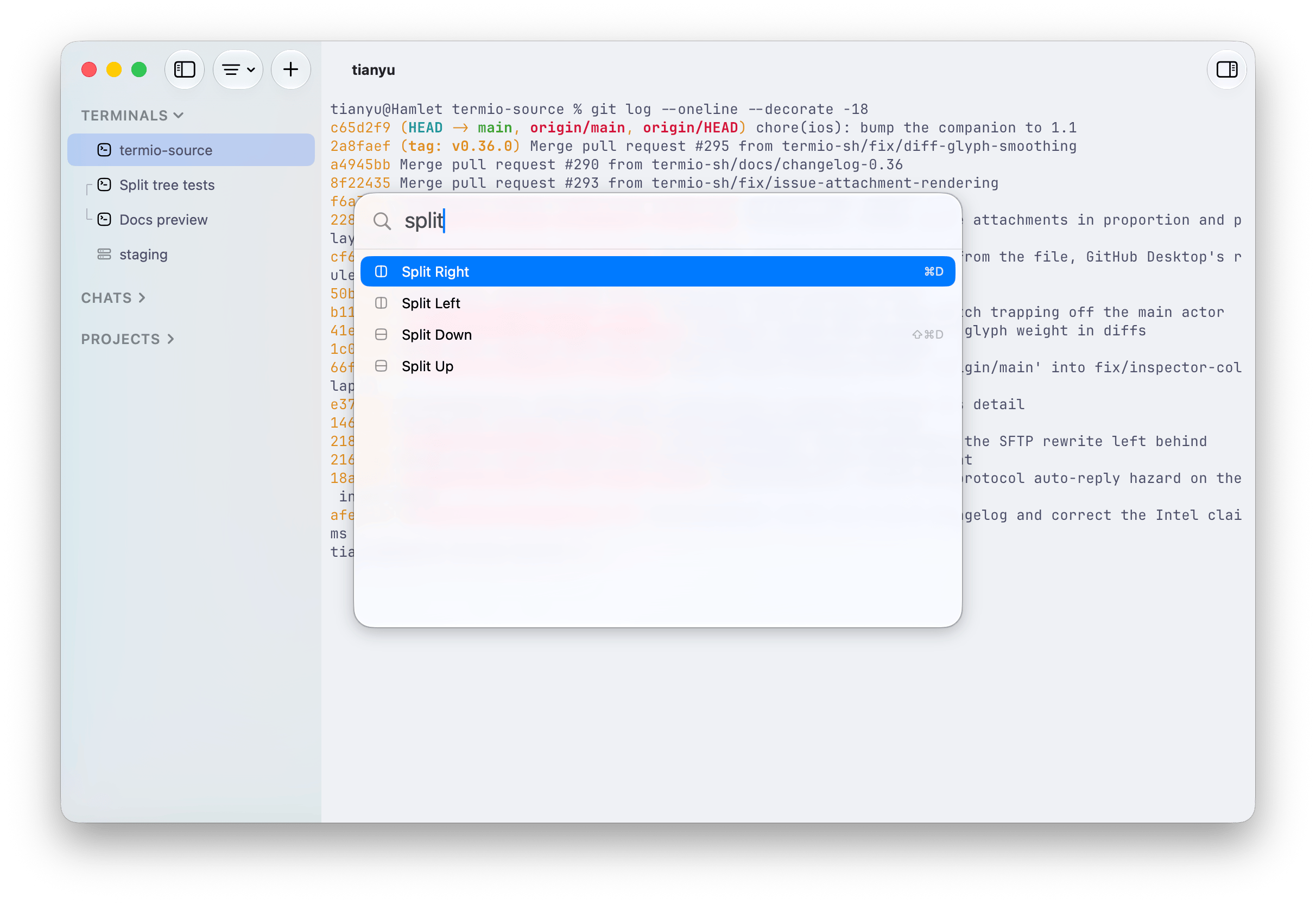 The Fyolo Command Palette filtered to split actions with the first action selected and shortcuts aligned on the right