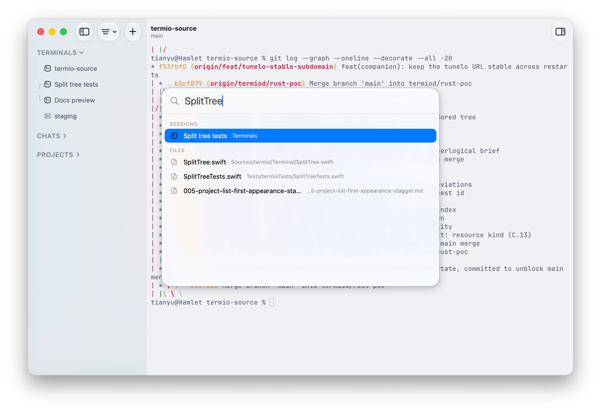 Fyolo Open Quickly searching for SplitTree across a session and several project files