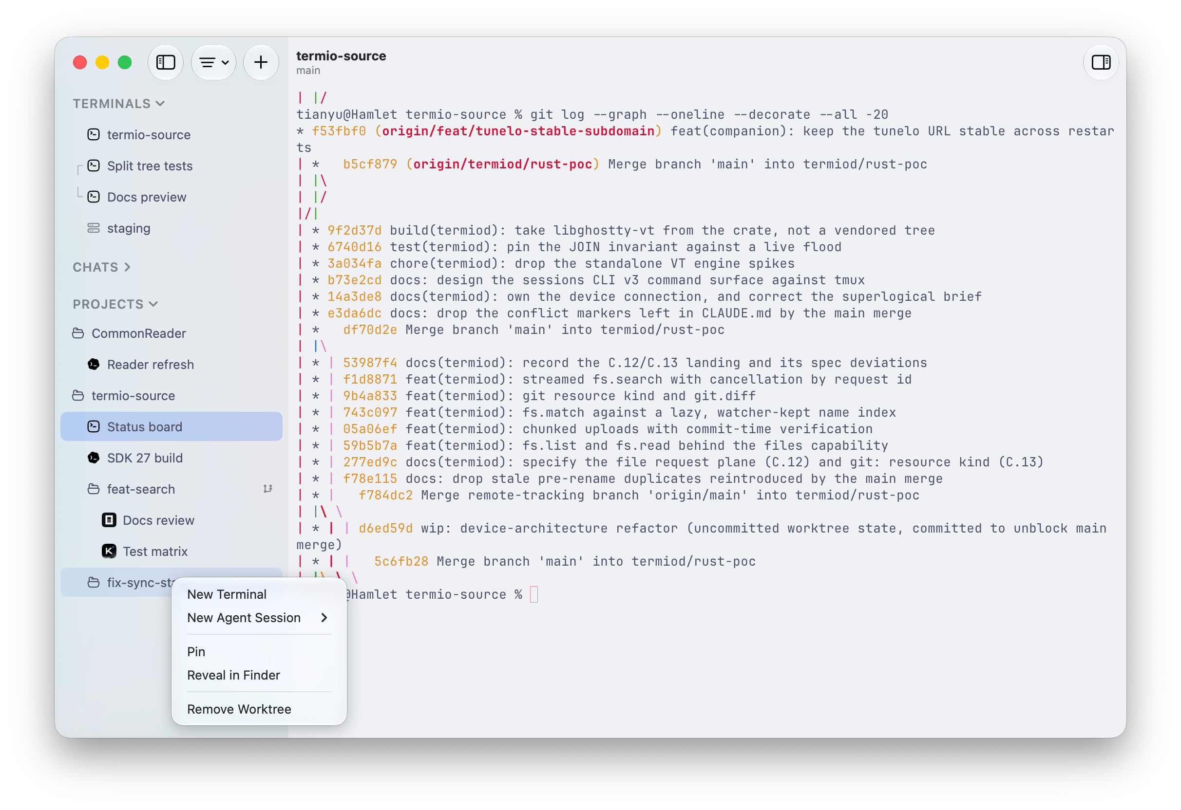 A Fyolo project with main and feature worktrees expanded, and an empty worktree context menu offering New Terminal and New Agent Session