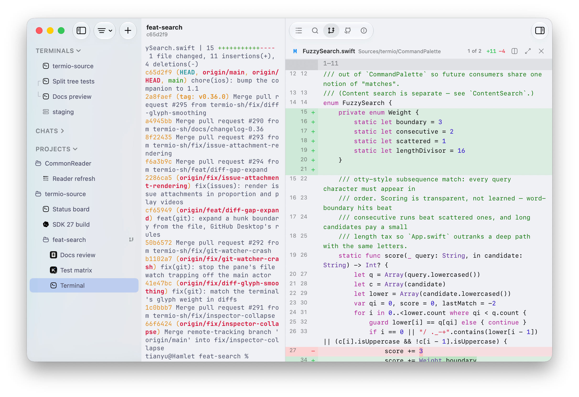 A feature worktree selected in the Fyolo sidebar with its own file changes and unified diff open in the inspector