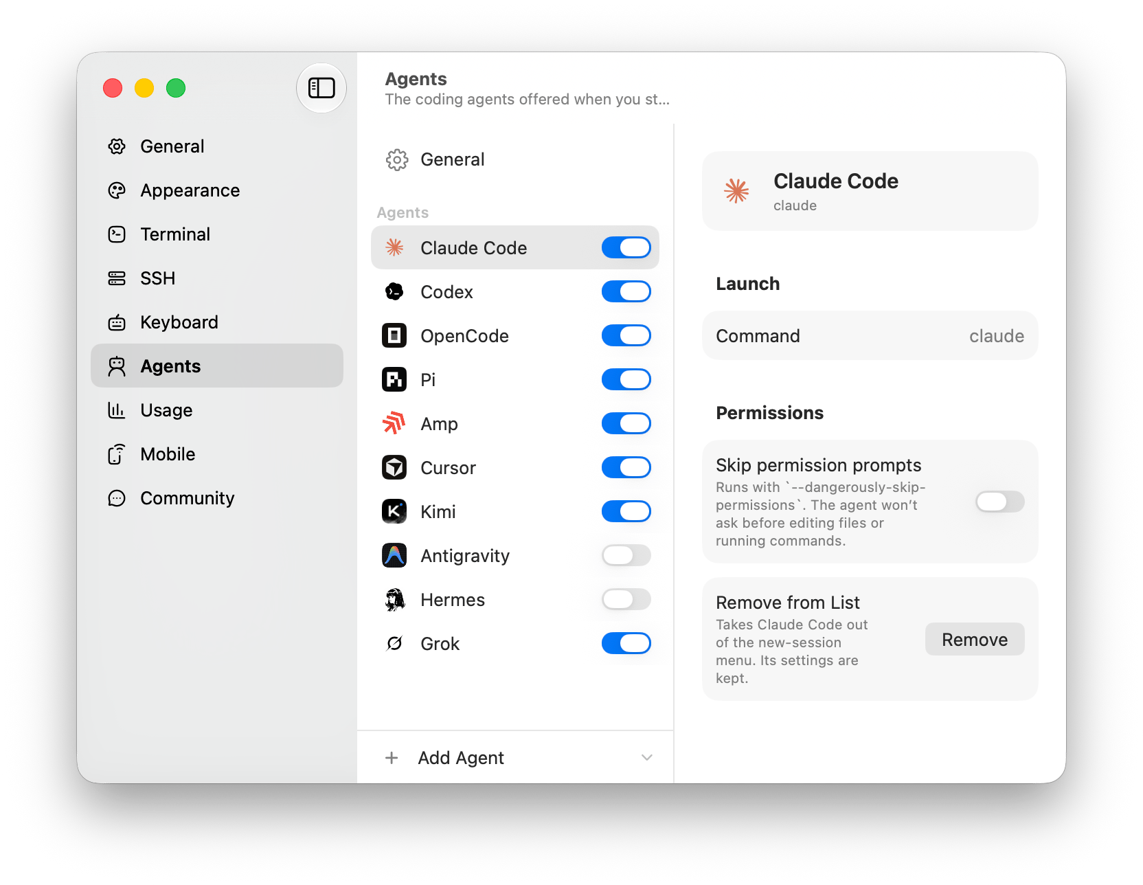 Fyolo Agent settings with the built-in agent catalog visible and Claude Code selected