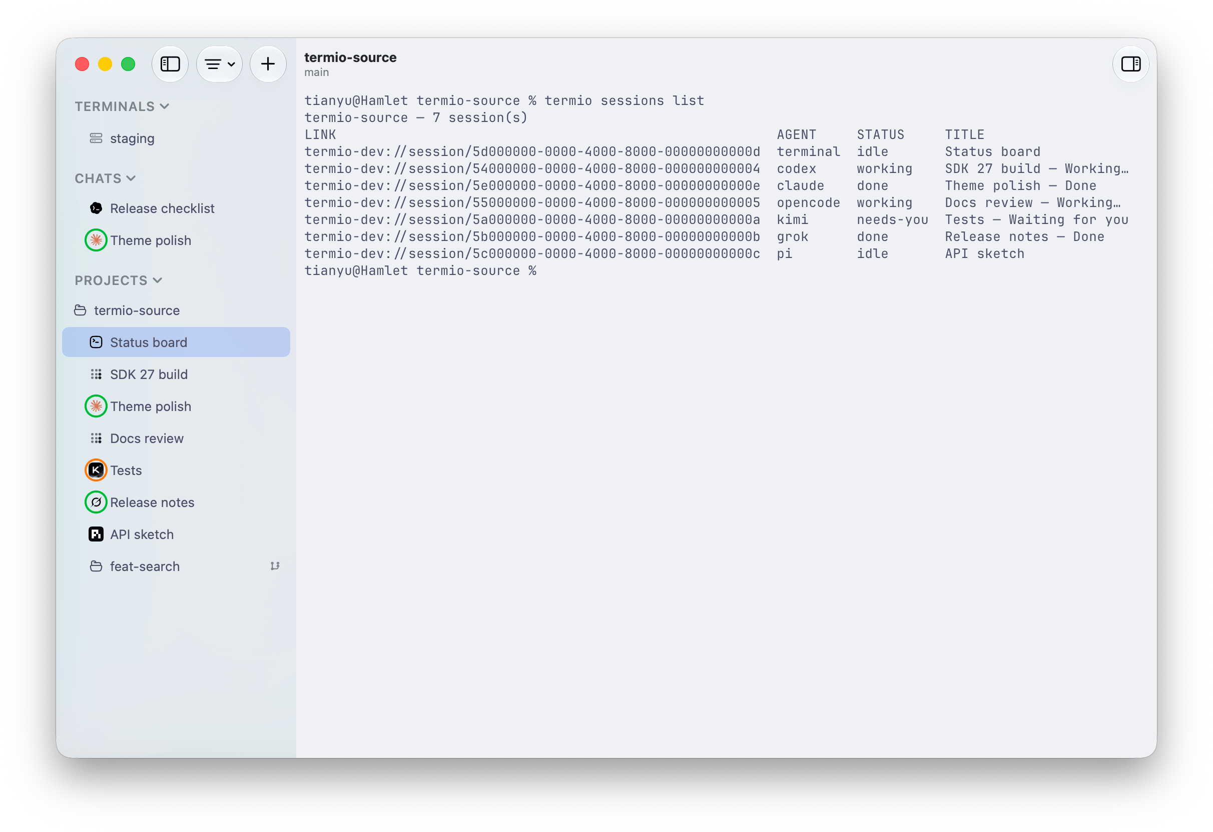 A Fyolo terminal running only fyolo sessions list, with seven sessions and their agent types and live states matching the sidebar