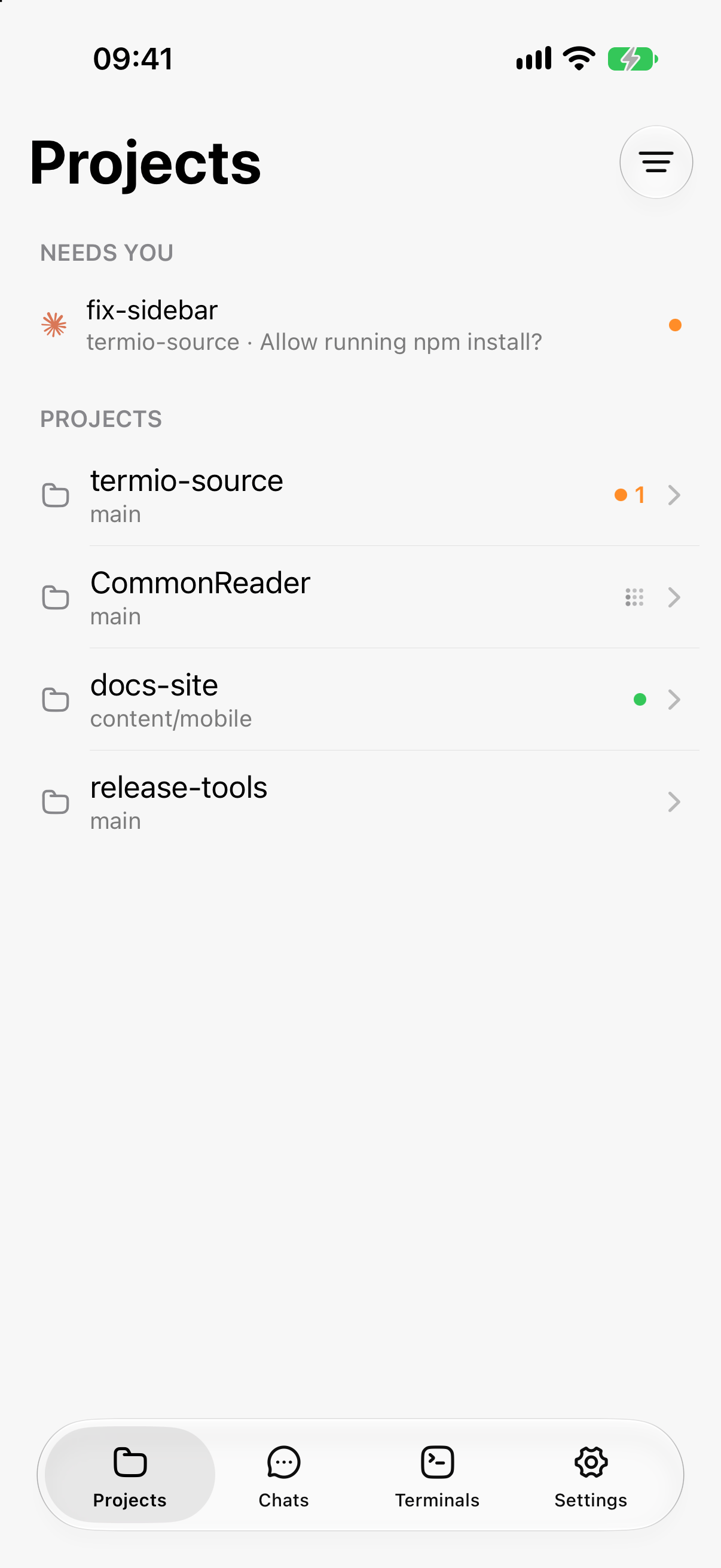 Fyolo on iPhone showing several projects, agent sessions, and their live status indicators