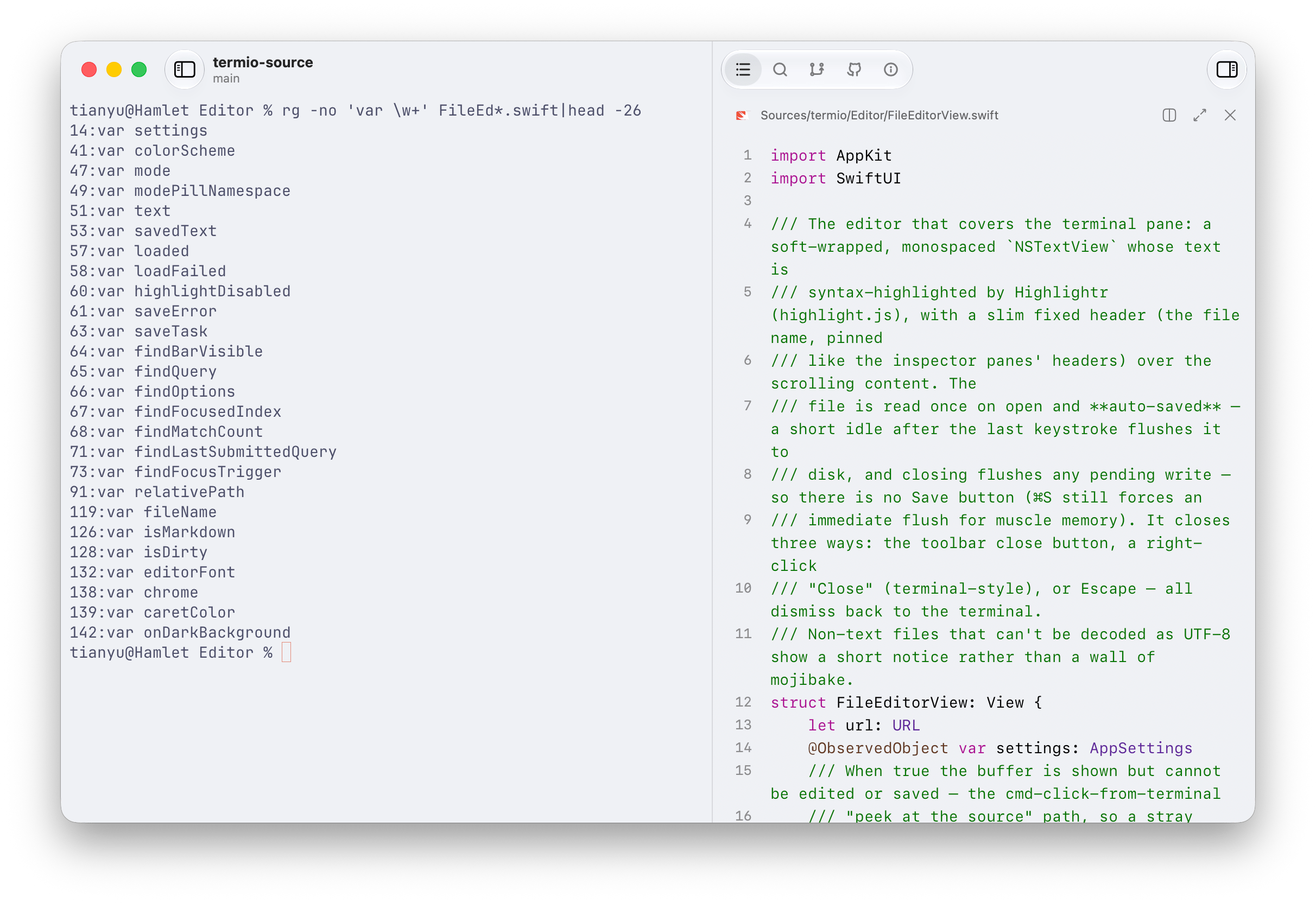 A relative Swift file path in a Fyolo terminal opened into the built-in read-only editor beside it