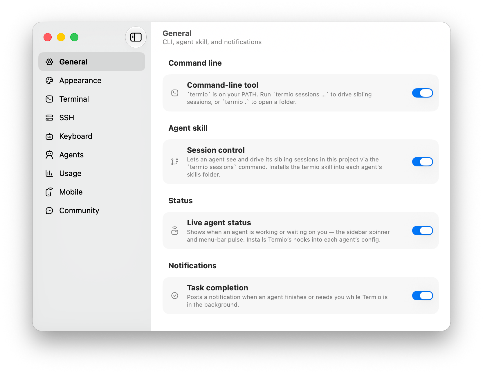 Fyolo settings with Command-line tool, Session control, and Live agent status enabled