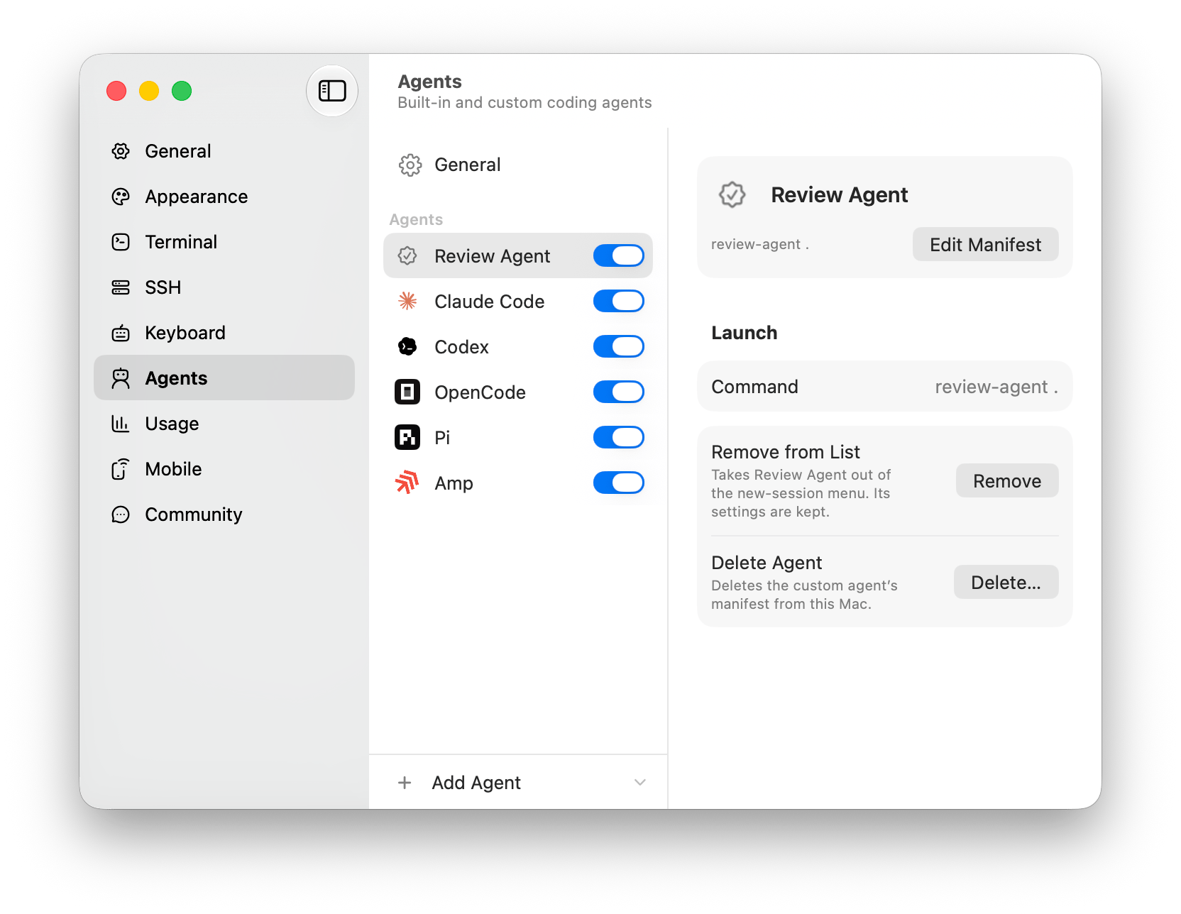 Fyolo Agent settings with a custom Review Agent selected and its manifest-backed command, status patterns, and delete action visible