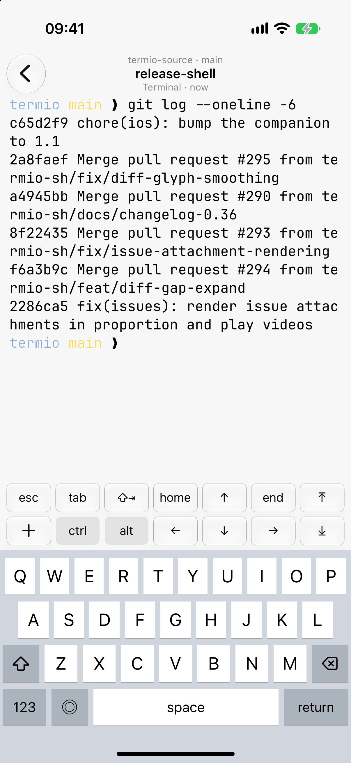 A Fyolo iPhone terminal showing git history with the terminal key bar and software keyboard